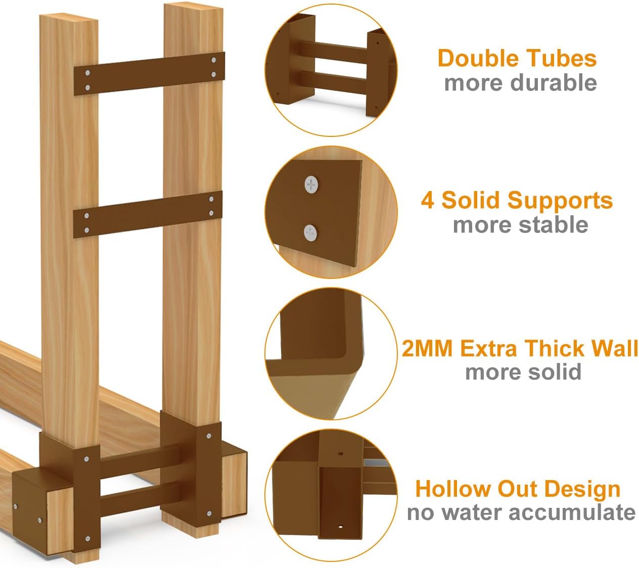 Outdoor Firewood Rack Brackets Kit for Fire Wood Pile Storage, Adjustable log stacking Stand Holder for 2x4 lumber, Brown, Set of 2