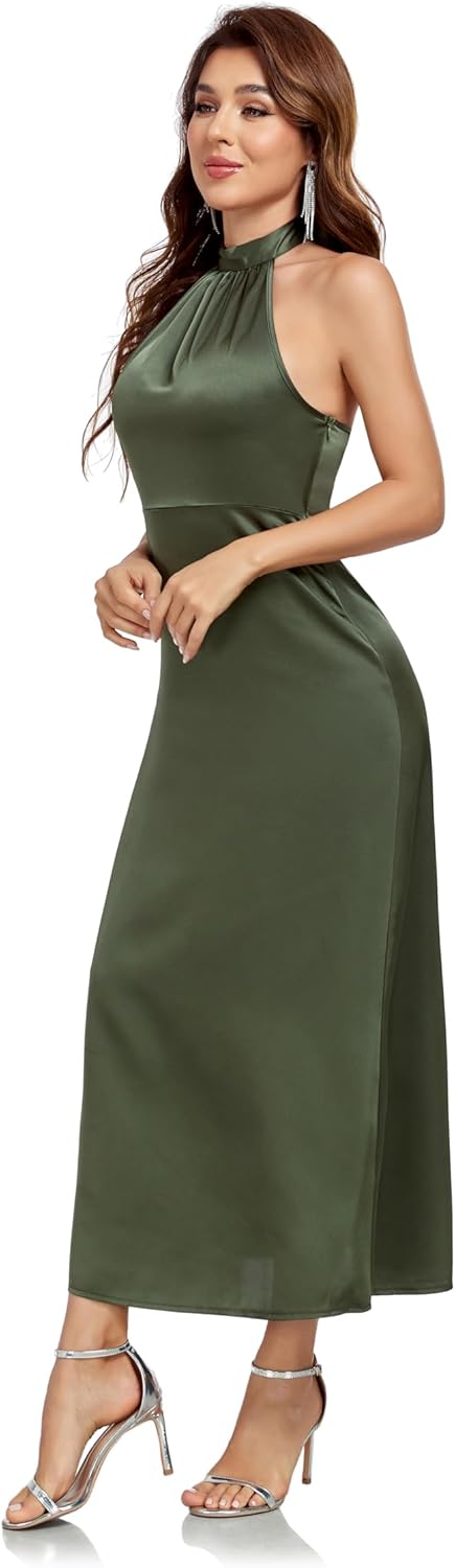 Women's Elegant Mock Halter Neck Party Dress Sleeveless Satin Silk Cocktail Evening Maxi Dresses - Image 5