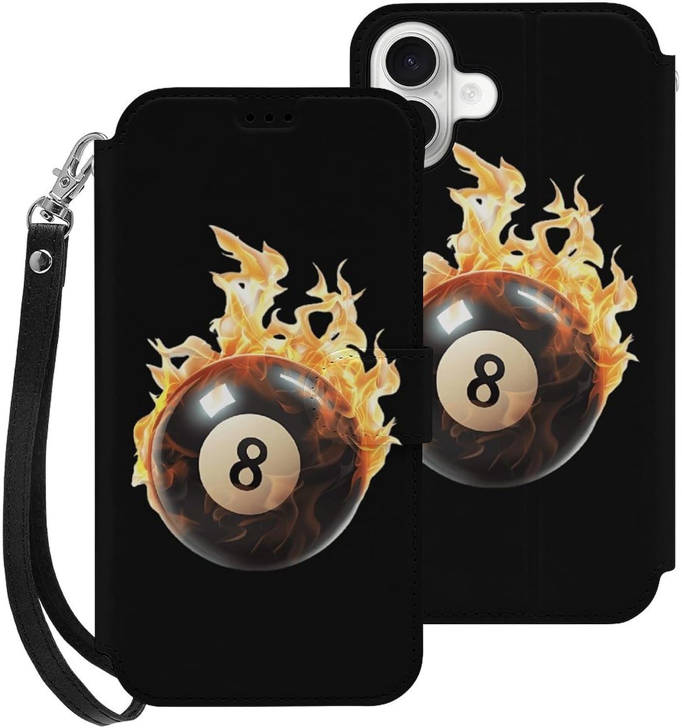 Flaming 8 Ball Billiards Compatible with iPhone 16/16 Plus/16 Pro/16 Pro Max/16 E Case Phone Wallet Card Holder Flip Cover with Wrist Strap