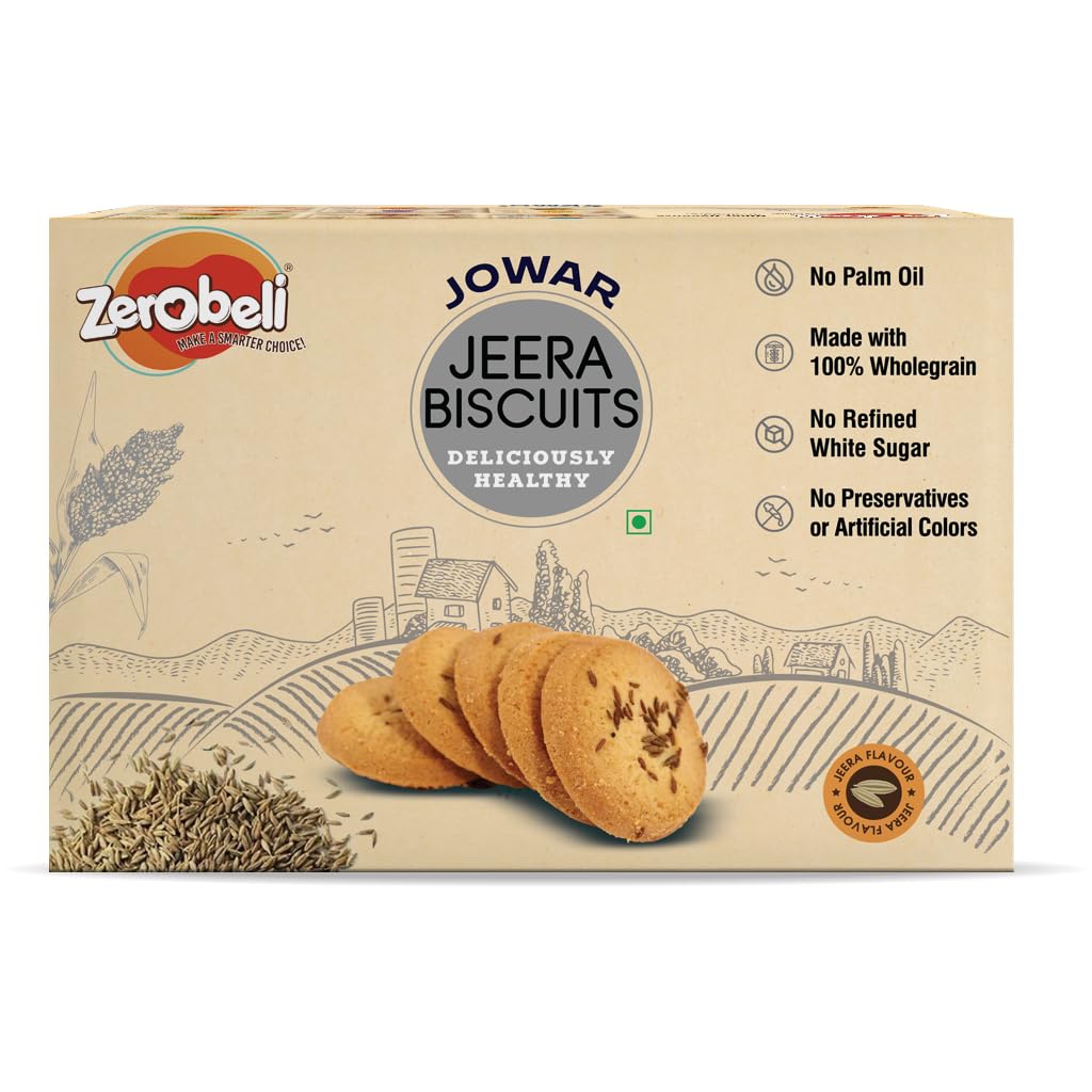 Zerobeli Jowar Jeera Wholegrain Biscuit Without Palm Oil, Crispy & Crunchy | Best Tea Time Salty Snacks | 100% Vegetarian and Wholesome Ingredients | Healthy Digestive | No Added Preservatives & No Artificial Color - 425 g