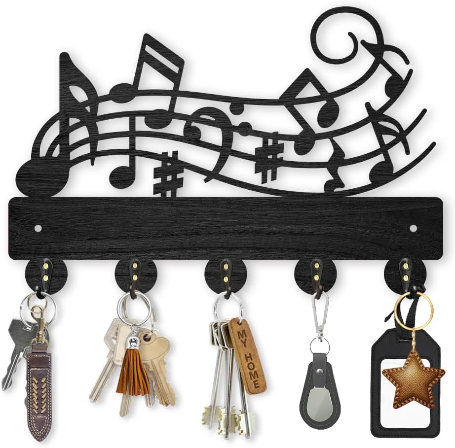 MAYJOYDIY Music Notes Coat Hook Wall Mount 11.8×7.9inch Wood Musical Key Holder for Wall Key Hanger Wall Art Decor 5 Alloy Hooks Black Hook Rack Hat Towel Holder for Entryway Living Room Gift