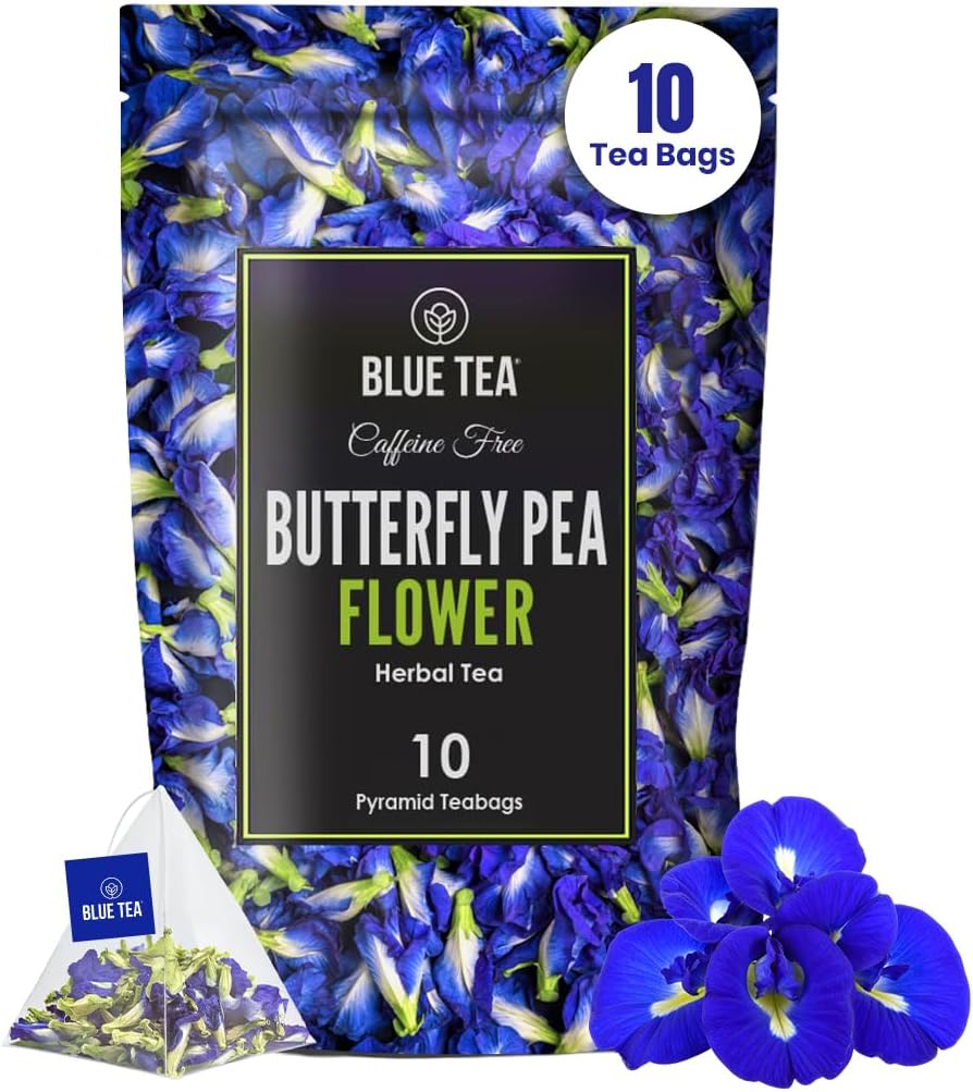 BLUE TEA - Butterfly Pea Flower Tea - 10 Count - Pyramid Plant Based Tea Bag | ANTIOXIDANT RICH | Flower Based - Detox Tea - Herbal Tea - Caffeine Free - Non-Bitter | Zipper Pack