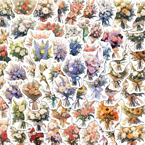 Confession Bouquet Stickers, 60pcs Romantic Floral Flower Stickers, Waterproof Vinyl Decorative Stickers for Journals, Scrapbooks, Gifts, Laptops, Water Bottles(Colourful-Q3)