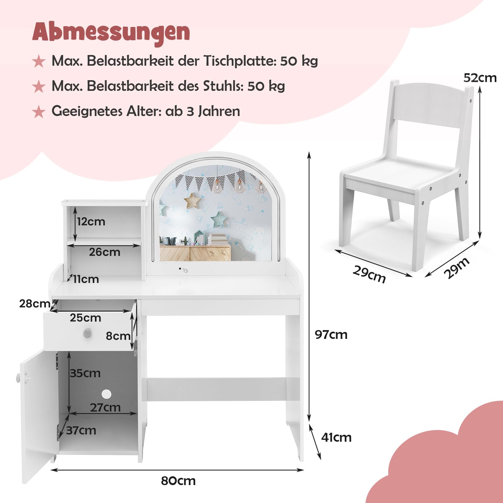 DREAMADE 2 in 1 Schminktisch Kinder mit Hocker und LED-Spiegel, Prinzessin Frisiertisch mit Schublade & Regal & Schrank, Make-up Kosmetiktisch, Kinderschminktisch aus Holz für Kinder (Weiß)