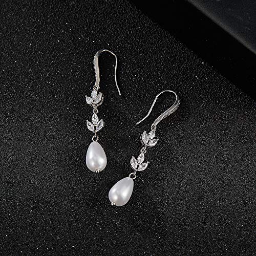 Sweetv Pearl Drop Earrings For Wedding Bridal -Marquise Teardrop Cubic Zirconia Dangle Earrings For Women, Bridesmaids, Brides (01.Silver) #TOP5