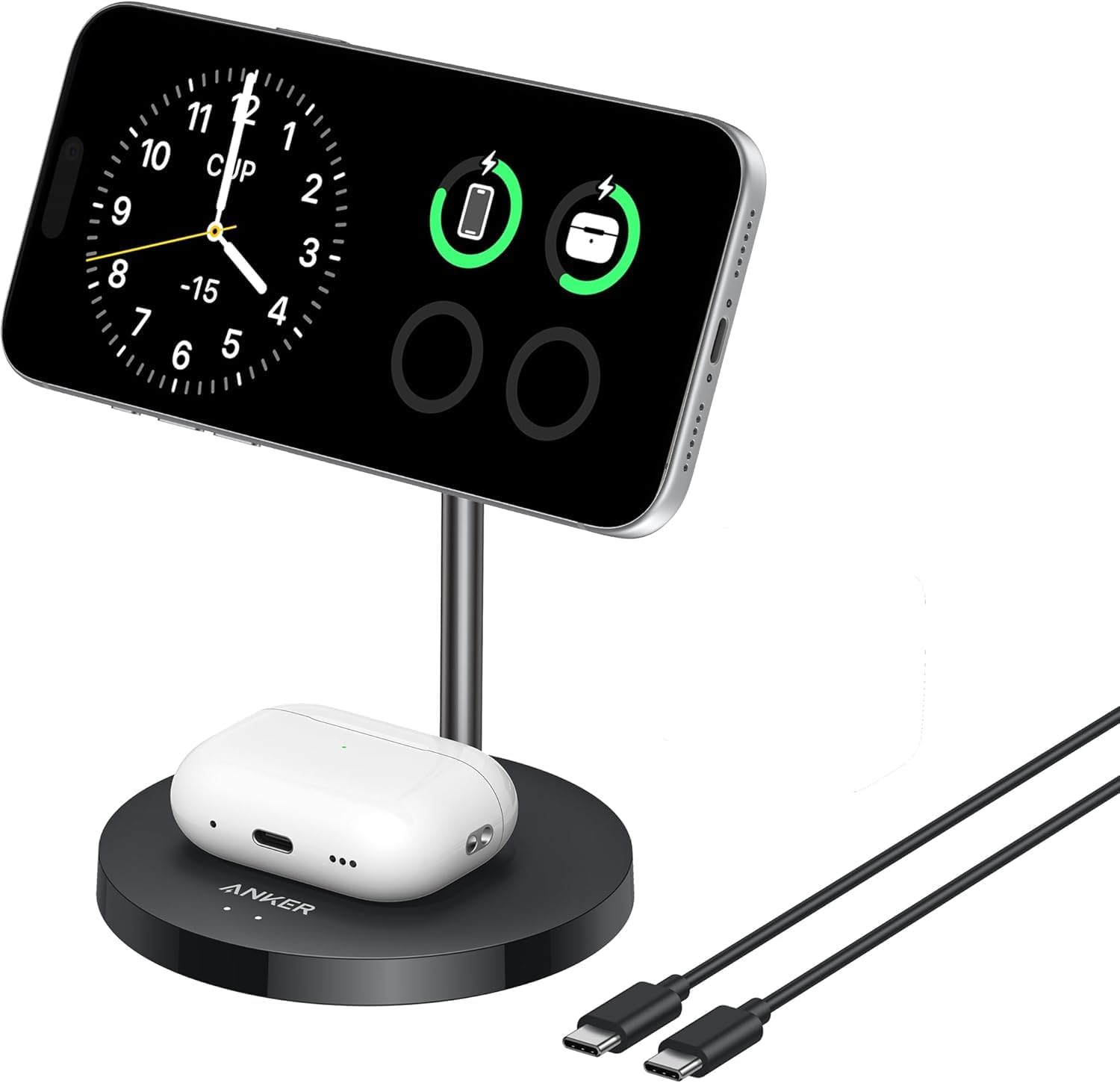 Anker Wireless Charging Stand, MagGo 2-in-1 Stand, Qi2 Certified 15W Wireless Charger, Magsafe Compatible with iPhone 15/15 Pro/Airpods