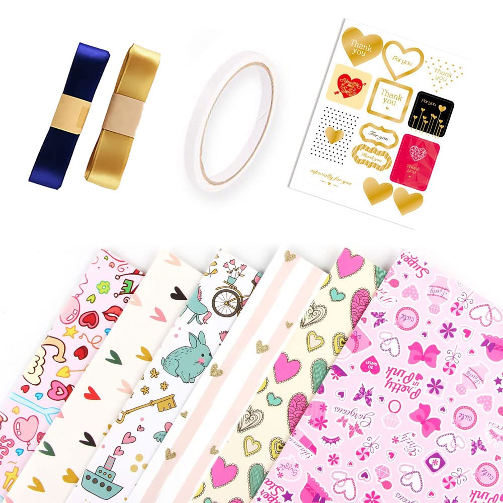 URbazaar Gift Wrapping Paper sheets Set Included 6 Pack Gift Wrap Paper with Ribbon Sticker and Tape for for Birthday Wedding Graduation Mothers Day Eid Boy Girl kid baby Men Women (50 cm X 70 cm) (B)
