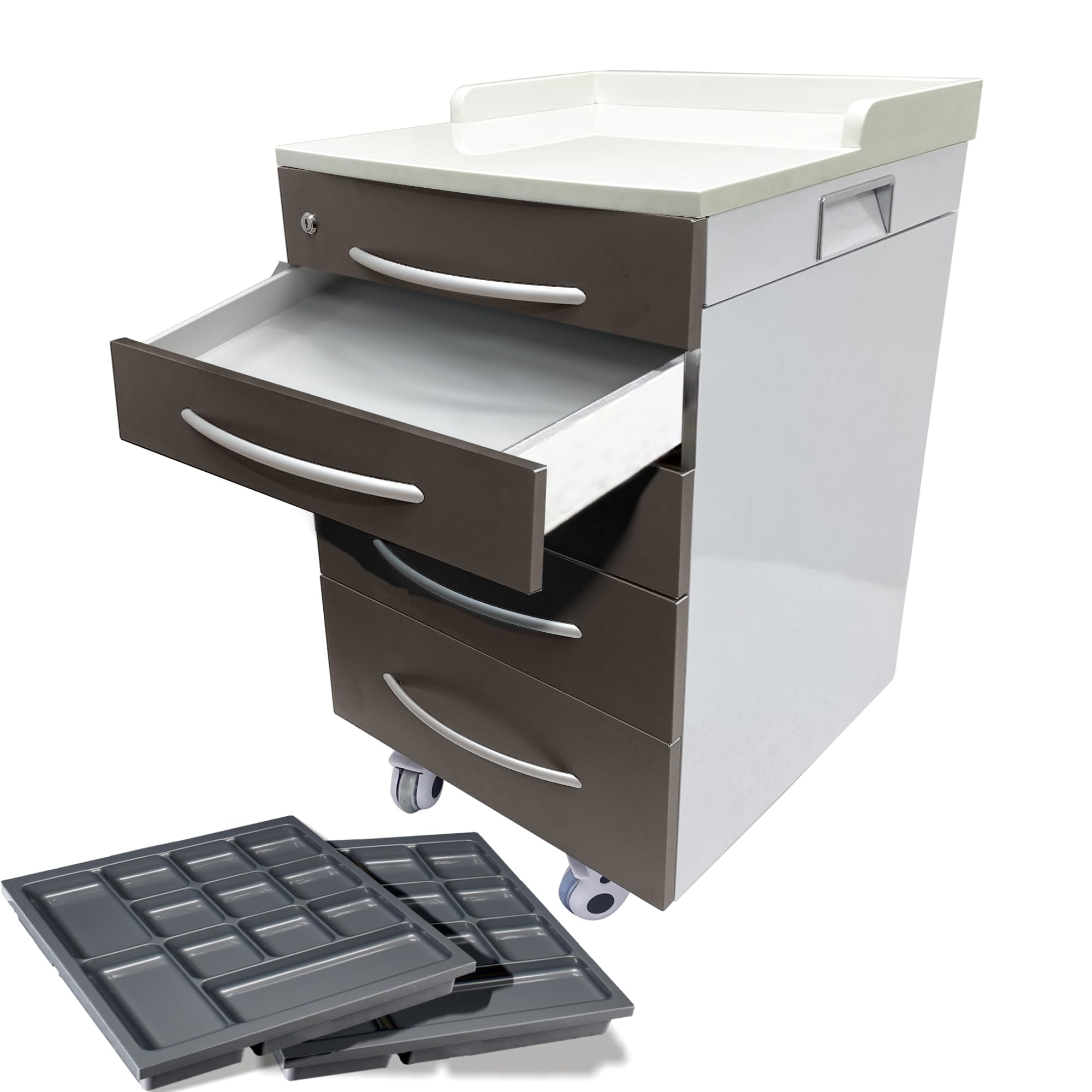 INTSUPERMAI Dental Assistant's Mobile Cart with 4 Drawers, 2 Storage Trays, Dental Clinic Stainless Steel Storage Cabinet, Assistant's Alabama Dental Cart, Chocolate Brown