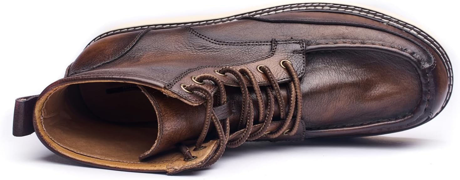 Specell Handcrafted Vintage High-Top Men's Work Boots - Retro Style & Timeless Durability, Soft Toe, Waterproof Casual Leather, Brown, Lace-Up Comfortable Moccasin Toe