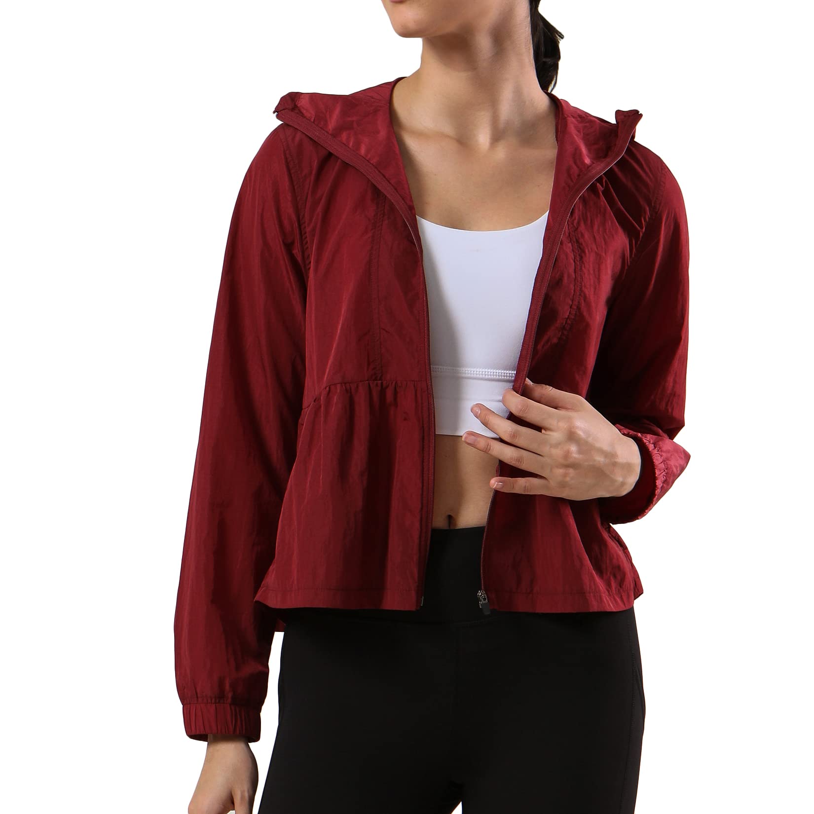 Lu's Chic Women's UPF 50+ Jacket Full Zip UV Sun Protection Clothing Hoodie Shirt Lightweight Cycling Coat Water Proof Long Sleeve Flowy Hem with Pockets Hooded Red Medium