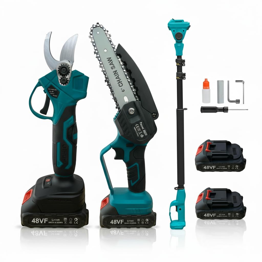Kit Potatura a Batteria 3 in 1 – Forbice Elettrica + Mini Motosega 6" + Asta Telescopica 3m, Cesoie Professionali per Potatura Rami, Alberi, Siepi e Vigneto