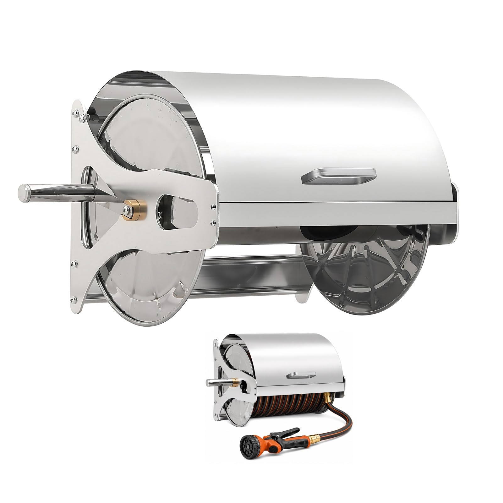 Stainless Steel Garden Hose Reel Wall Mount Heavy Duty Zwijacz Węża Ogrodowego z Rączką do Nawadnianie Ogród Taras Garaż Użycie Zewnętrzne Trwały i Solidny(Wall-Mounted)