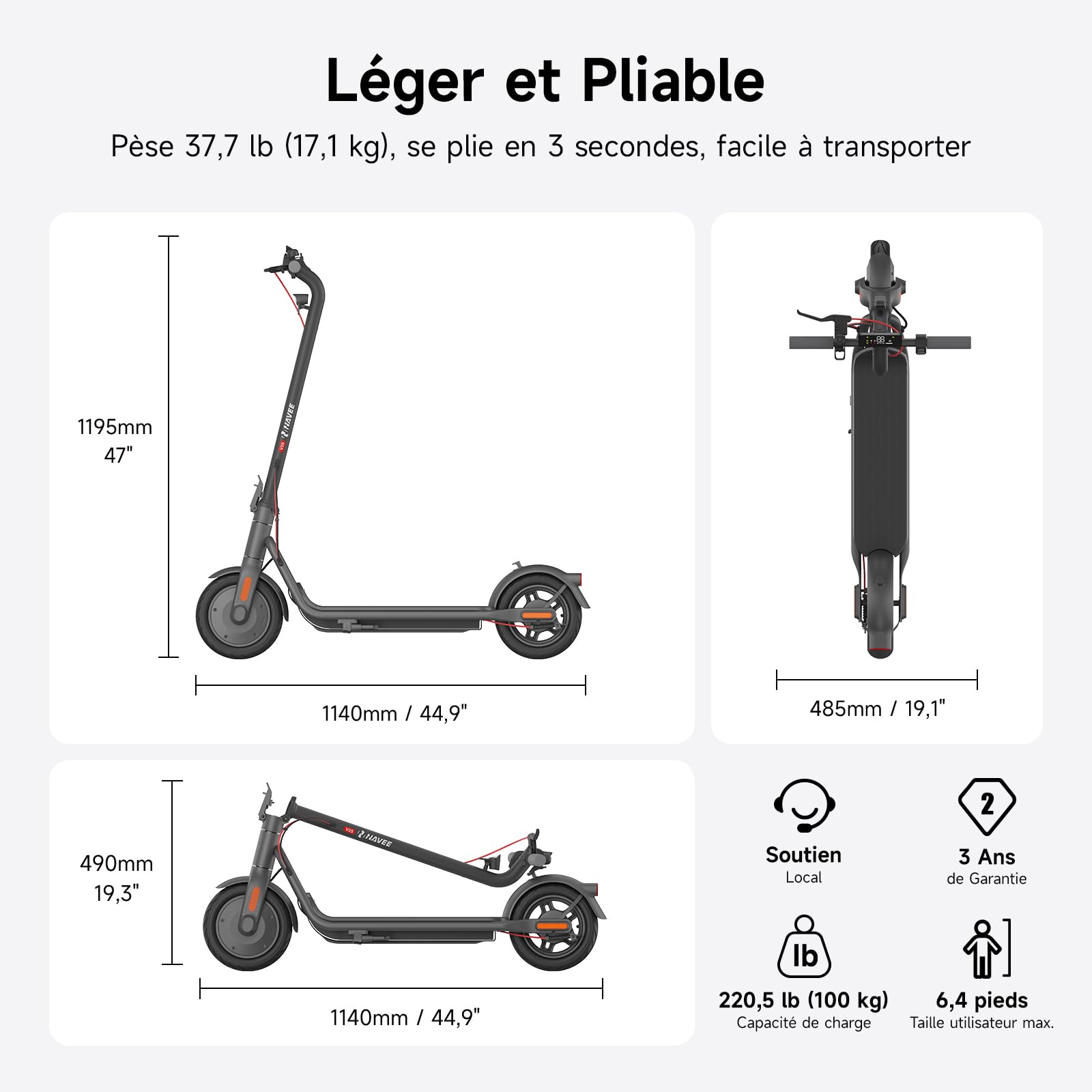 NAVEE V Série Trottinette Electrique Adulte 25-45KM, Moteur 600-800W, TCS, Antivol Intégré, Connectivité Bluetooth, Pneus 10" Tubeless, Sécurité 360°, APP Intelligent