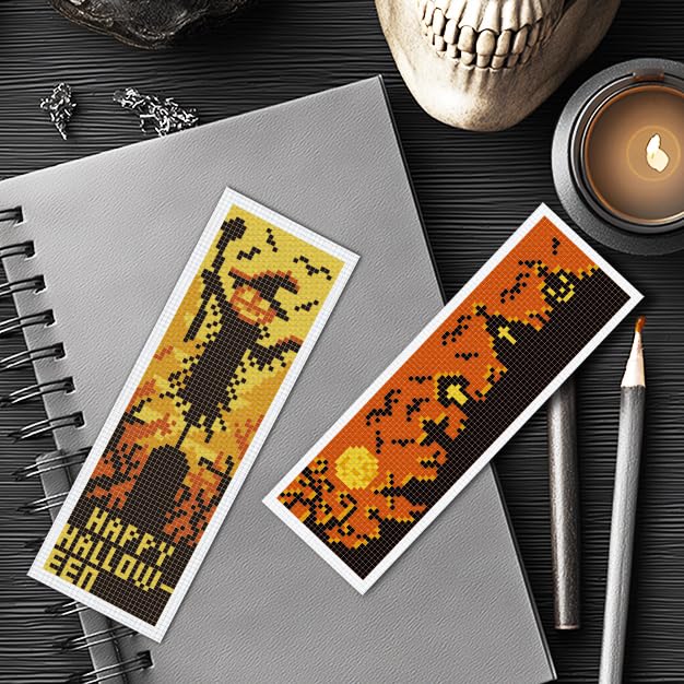 Image of INFUNLY Halloween Cross Stitch Bookmarks Kit Evil Pumpkin Handmade Cross Stitch Bookmarks Skeleton Ghost Embroidery Bookmark Trick or Treat DIY Cross Stitch Set with Instruction for Adults Book Lover