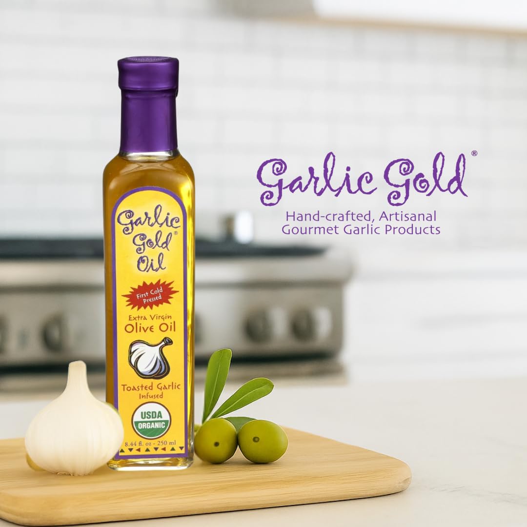 Garlic Gold Extra Virgin Olive Oil Infused with Garlic, Premium Certified USDA Organic, Low FODMAP, Cold Pressed (250 mL, 3 Pack) - Image 5