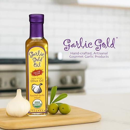 Vista 11 de Garlic Gold Aceite de oliva virgen extra infundido con ajo, certificado orgánico USDA premium, bajo FODMAP, prensado en frío (8.5 fl oz, 2 unidades)