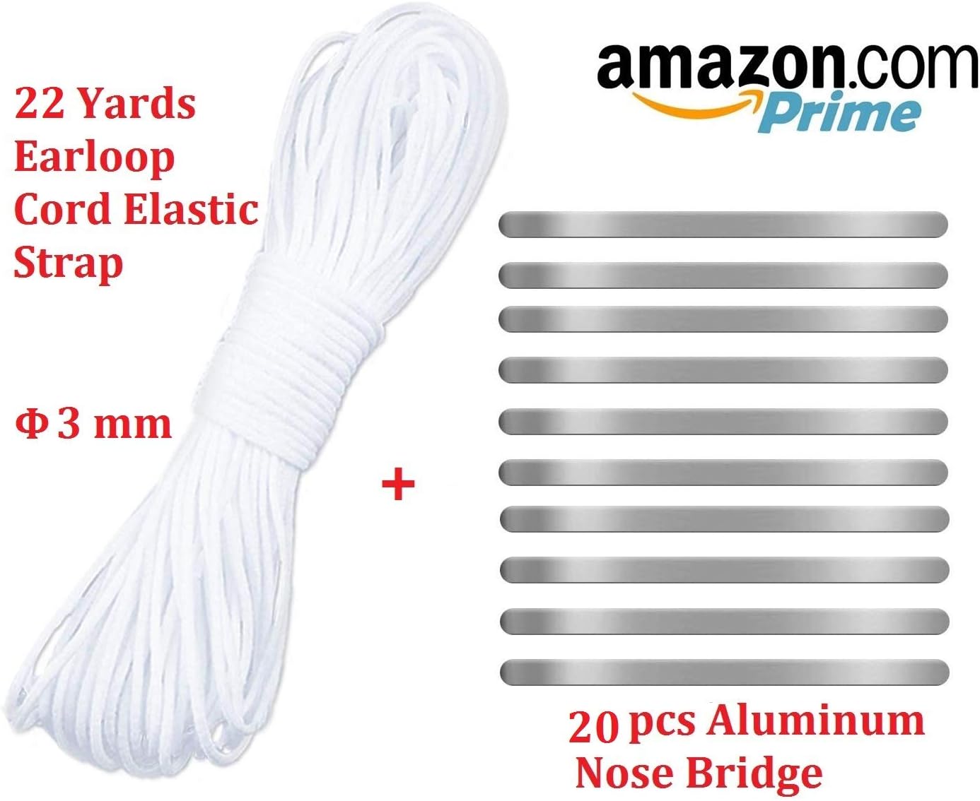 22 Yards Elastic Cord Rope White Band 1/8 Inch Round Ear Tie Earloop Strap Handmade String with 20pcs 90MM Aluminum Nose Bridge for Crafts DIY Sewing