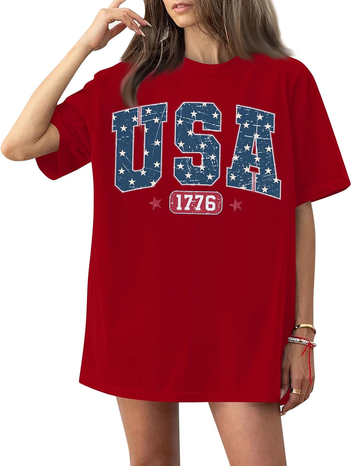 WENKOMG1 Women's Patriot Tee Shirts Short Sleeve American Flag Print Summer Casual Oversize Tee Tops, S-5XL