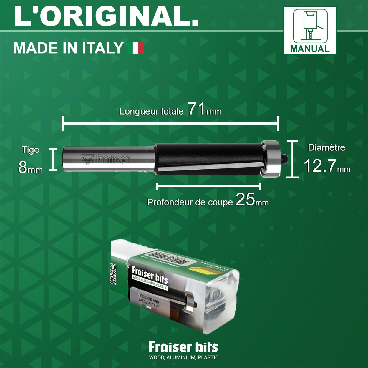 Fraiser fraise à affleurer avec roulement en bas - 2 tranchants carbure, diamètre 12,7 mm, hauteur de coupe 25 mm, queue 8 mm - pour défonceuse et affleureuse bois