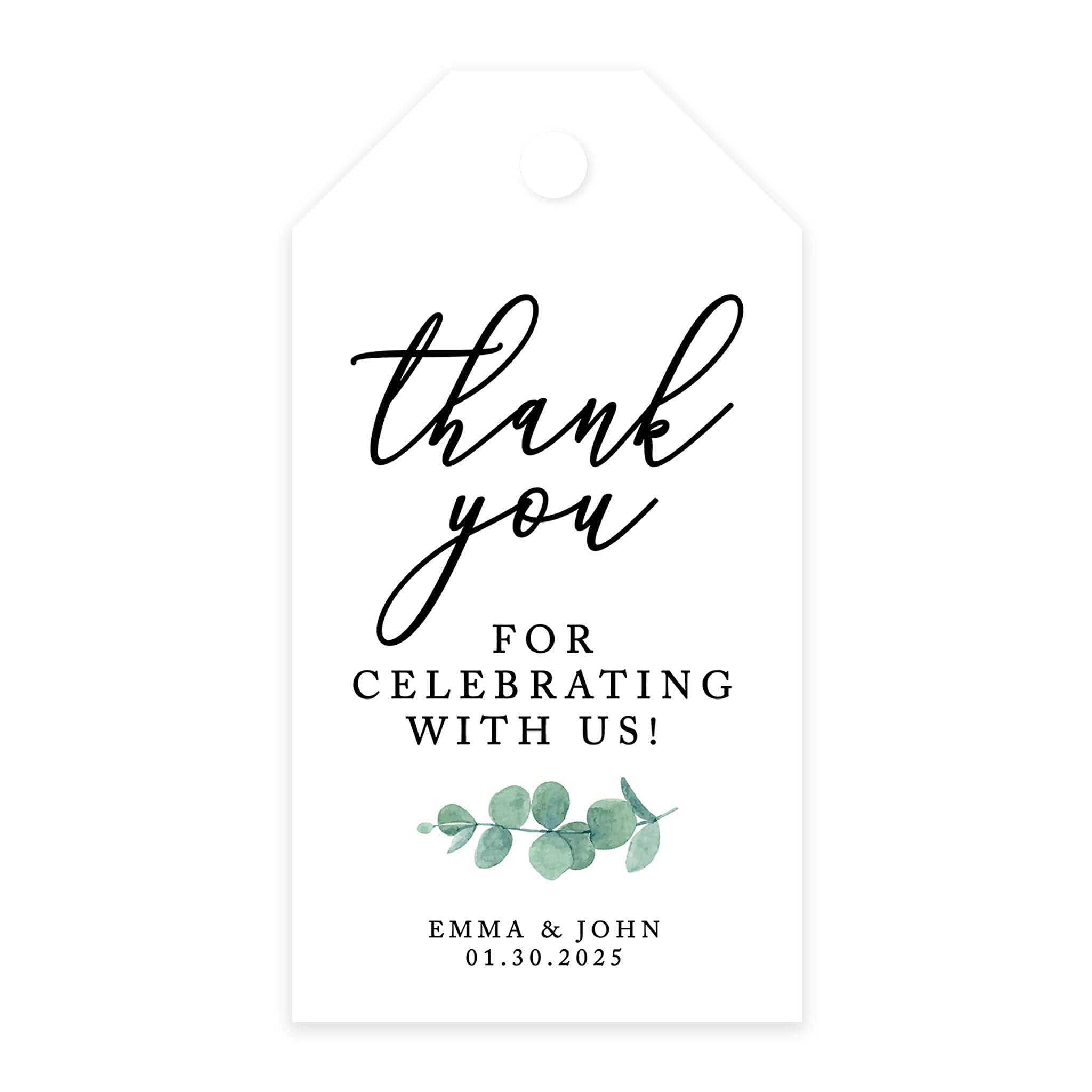 Andaz Press 100-Pack Personalized Thank You for Celebrating with Us Wedding Favor Tags with Bakers Twine Minimal Eucalyptus Leaf Custom Cardstock