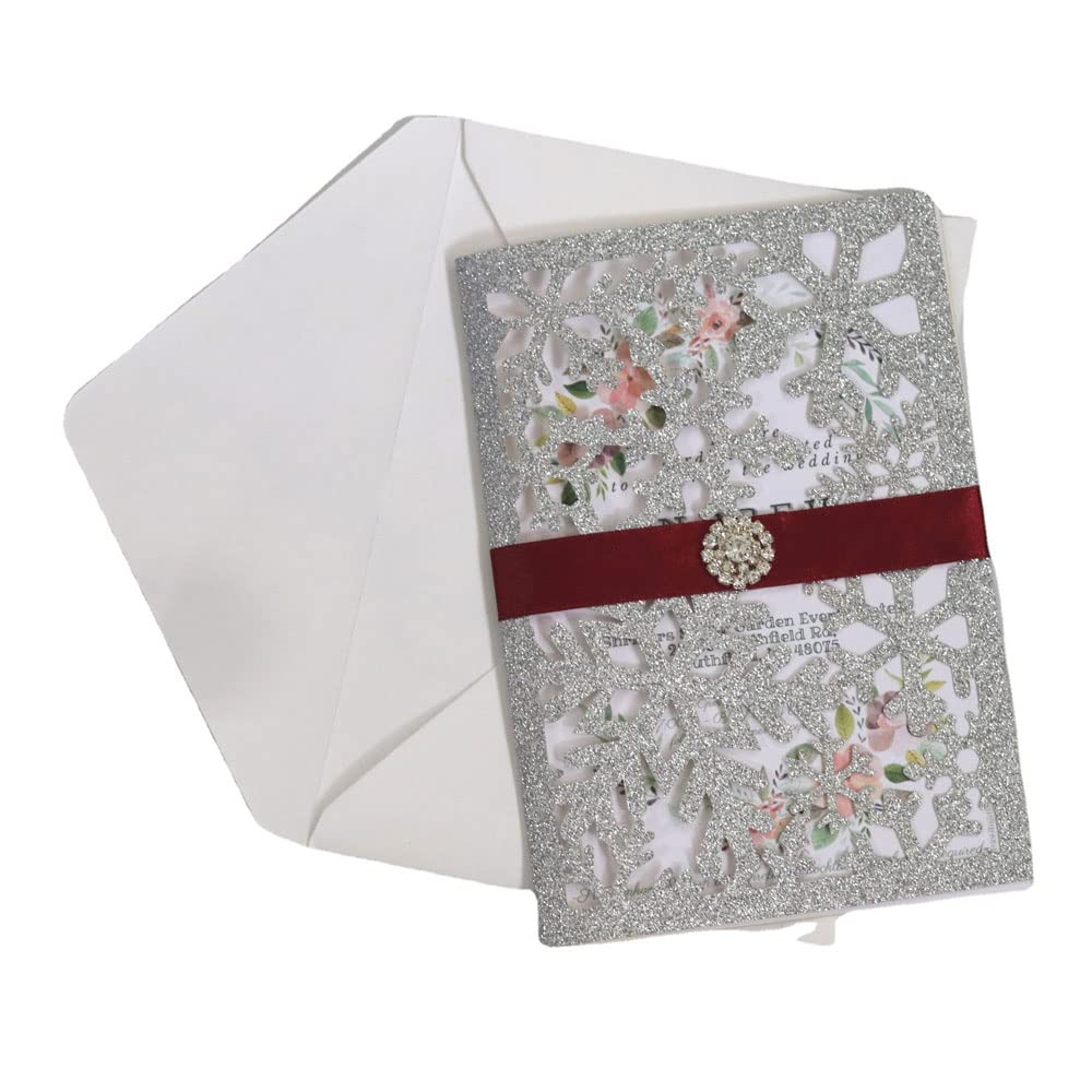 Invitations de mariage découpées au laser blanc or paillettes avec enveloppes et ruban, 50pcs