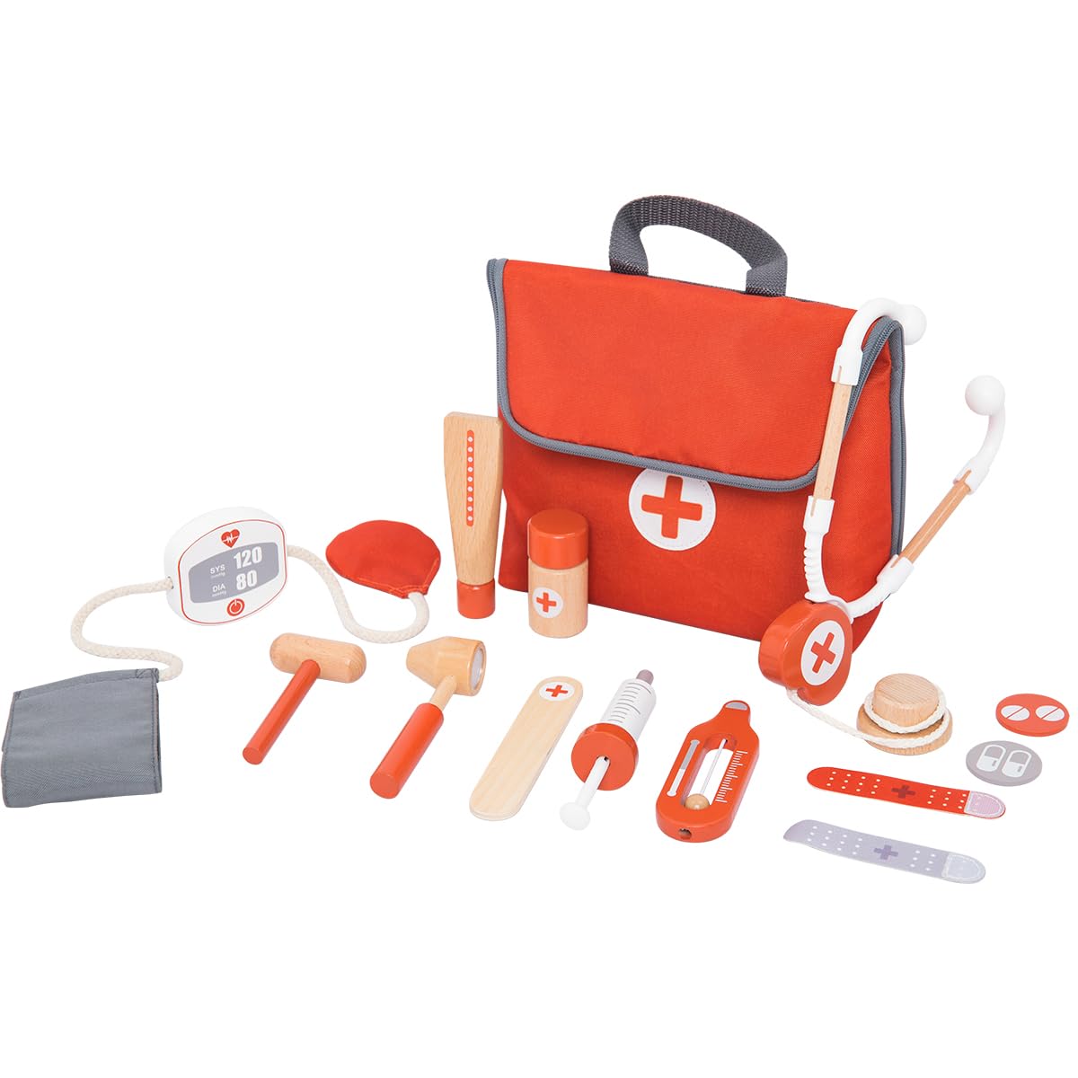 UMU Wooden Doctor Toy Set 14 Pieces Kids Pretend Play Stethoscope Red Bag