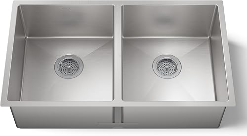 KOHLER K-5281-NA Strive - Fregadero de cocina doble igual de montaje inferior, 32 x 18-14 x 9-516 pulgadas, acero inoxidable, paquete de 1