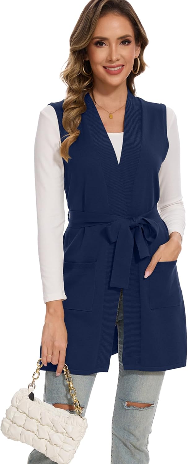 Moss Rose Long Vest for Women Sleeveless Cardigans Ribbed Knit Outwear with Belt and Pockets - Image 2