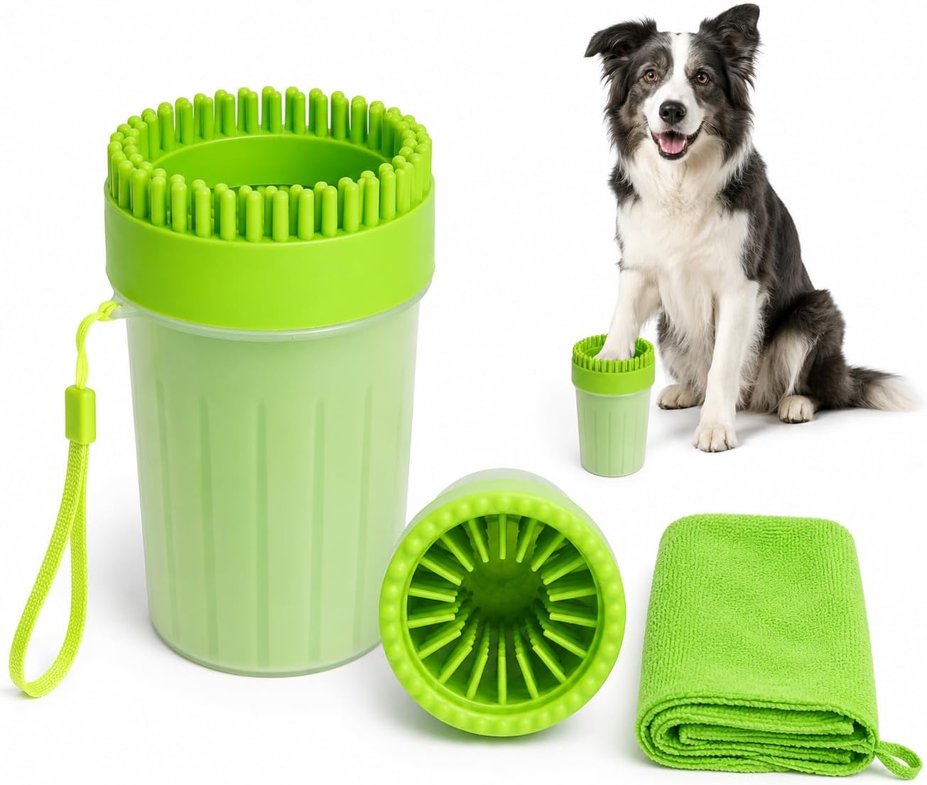 Dog Paw Cleaner Cup with Towel, Pet Paw Cleaner for Dogs & Cats, Portable Muddy Paw Washer with Soft Silicone Bristles, Deep Cleaning Paw Washer Cup (Blue)