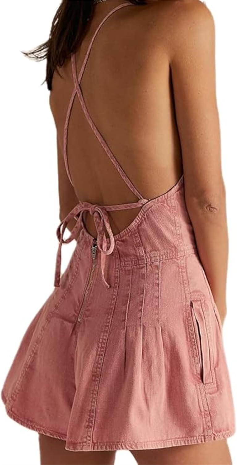 Women Denim Shorts Romper Sleeveless V Neck Backless Flared Wide Leg Tie One Piece Short Jumpsuit Jeans Overalls - Image 2