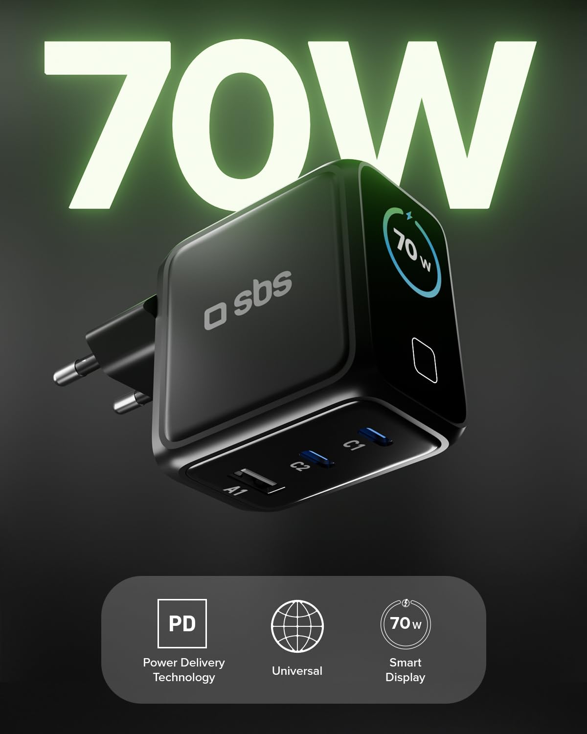 SBS Pulse Power 70 W USB-C, GaN Technology, Power Delivery (PD 3.0 PPS), inteligentny wyświetlacz AI, sterowanie dotykowe, AFC, szybkie ładowanie, do Laptopa, Tabletu, iPhone’a i Androida