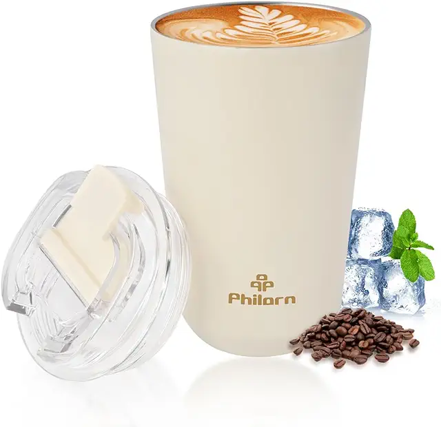 Mug Isotherme PHILORN 380ml, Gobelet Isotherme Étanche pour Café Chaud et Froid