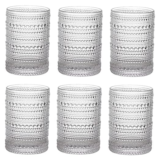 ZOOFOX Set of 6 Vintage Drinking Glasses, 13 oz Clear Hobnail Glasses Tumbler, Embossed Design Glassware for Beverages, Water, Juice, Beer, Cocktail, Whiskey and Milk