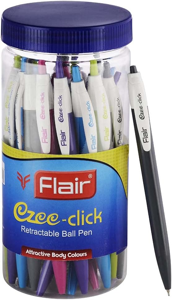 FLAIR Ezee Click 0.7 to 1 mm Ball Pen Jar Pack | Retractable Mechanism With Comfortable Grip For Smooth Writing | Different Playful Body Colors | Blue Ink, Pack of 25 Pens
