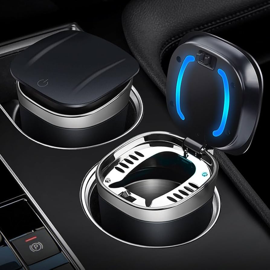 Cendrier Voiture LED Anti-Odeur - Acier Inoxydable Amovible - Pour Maison/Bureau/Camping - Argenté