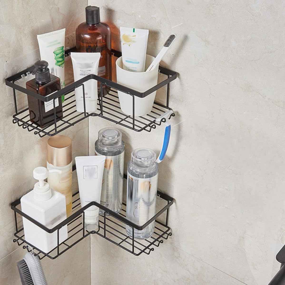 CHILDWEET Mensola Angolare Doccia senza Forare in Acciaio al Carbonio Nero, Struttura Robusta, Set 2 Pezzi per Organizzare Saponi e Accessori in Bagno o Cucina