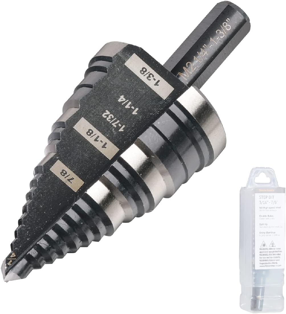 1/4 to 1-3/8 Inch Step Drill Bit Straight Grooved Double Fluted, M2 High Speed Steel Drill bits for Hole Drilling in Stainless Steel, Copper, Aluminum, Wood, Plastic