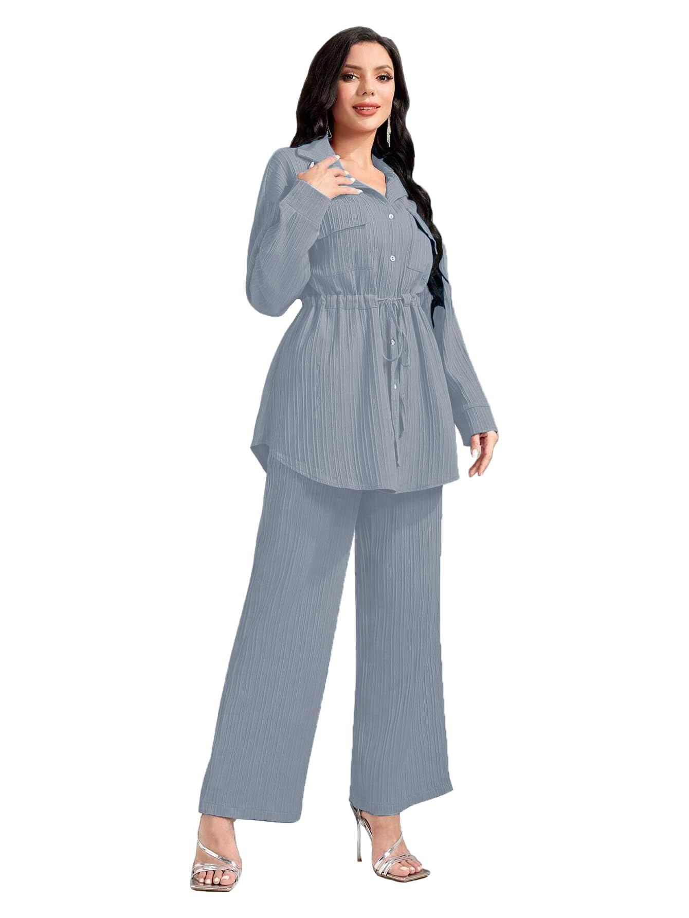 Tadkee Women's Polyester Solid Color Casual Long Sleeve Top And Pant Co-Ord Set With Pockets | Co Ord Set For Women | Kurta Set For Women (Fn-Sugar-Full-Pocket-127-Aqua-L)