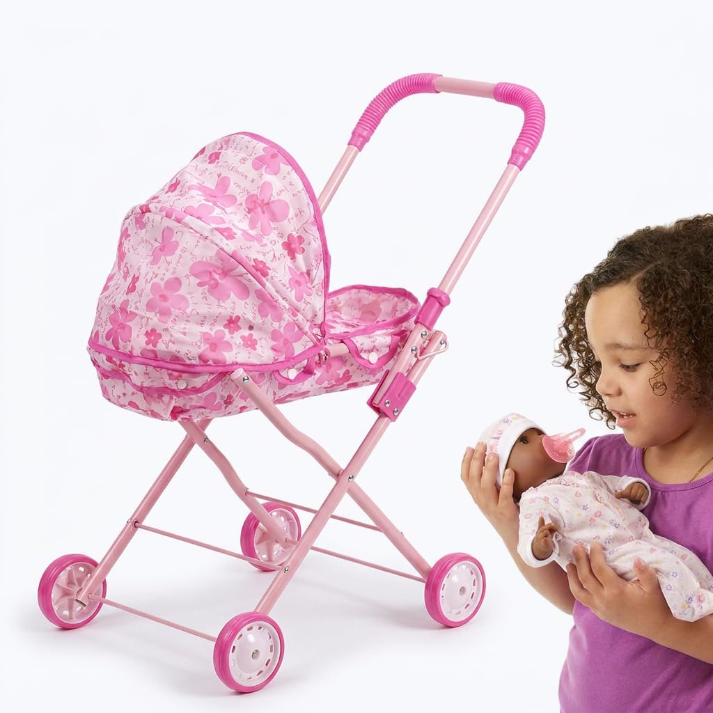 Passeggino per Bambole Pieghevole, Carrozzina per Bambole con Cintura di Sicurezza Integrata, Ruote Doppie, Leggero e Facile da Riporre, Giocattolo per Bambine