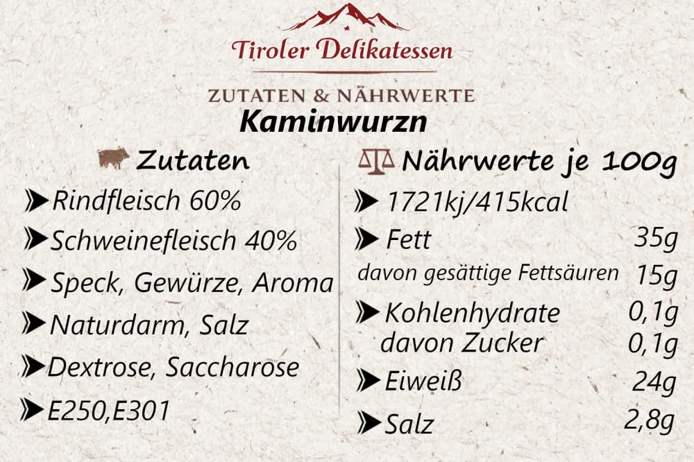 Almgourmet - Kitzbüheler Kaminwurzen - 12 Stück - knackige Rohwürste aus Rindfleisch - mit Pfefferkörnern verfeinert