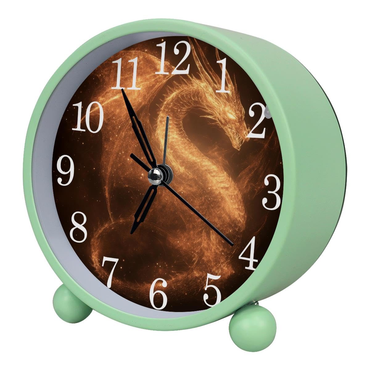 Luoweisi Alarm Clock Dragon, Silent Non-Ticking with Night Light, Round Metal Alarm Clock for Office, Battery Operated, Bedroom, Elderly, Adults, Children, Student Gifts