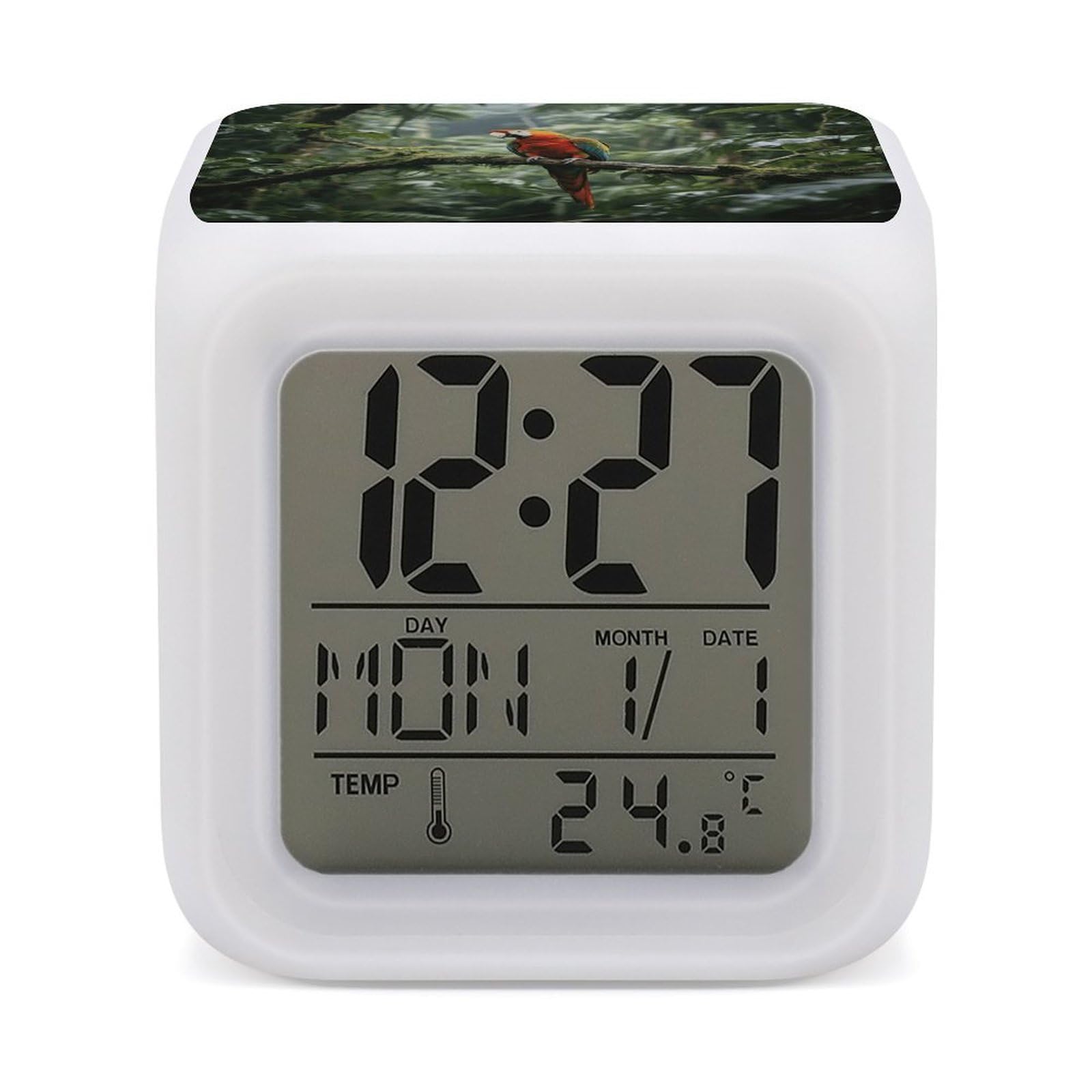 7 Color Ambient Night Light Cube Battery Operated Parrot_rainforest Digital Clock with Snooze Temperature LED Digital Alarm Clocks Dimmable Wake Up Light Portable Mood Lamp for Bedroom Desk Gift