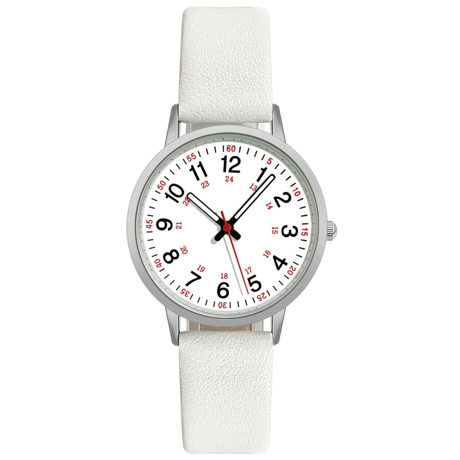 Tainrunse Luminous Digital Watch with Soft Faux Leather Strap 24 Hours Time Round Dial Quartz Watch Women Fashion Wrist Watch for Students Nurse Office Worker Birthday Gift White