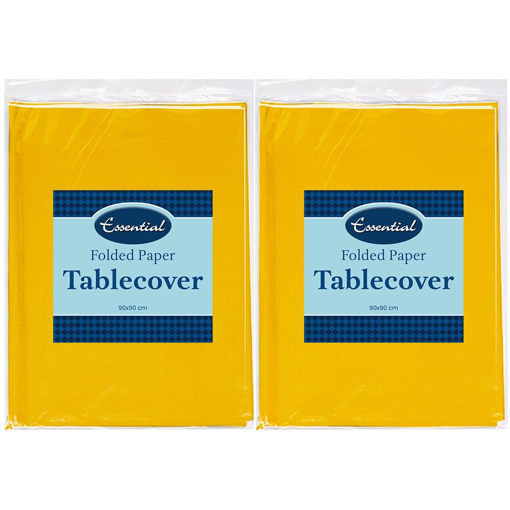 Venuscello 4 x Dark Yellow Paper Table Cover Cloths, 90cm x 90cm Square, Disposable, Folded, for Birthday Party