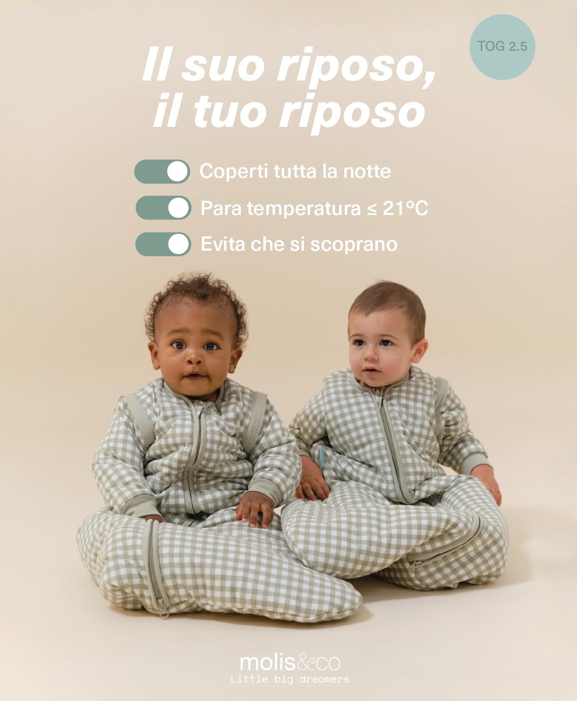molis&co - Sacco nanna maniche staccabili per Neonati e Bambini - Sacchi Nanna 2.5 tog - 100% Cotone (Oeko-TEX 100) - Mint Tea (12 a 18 mesi)