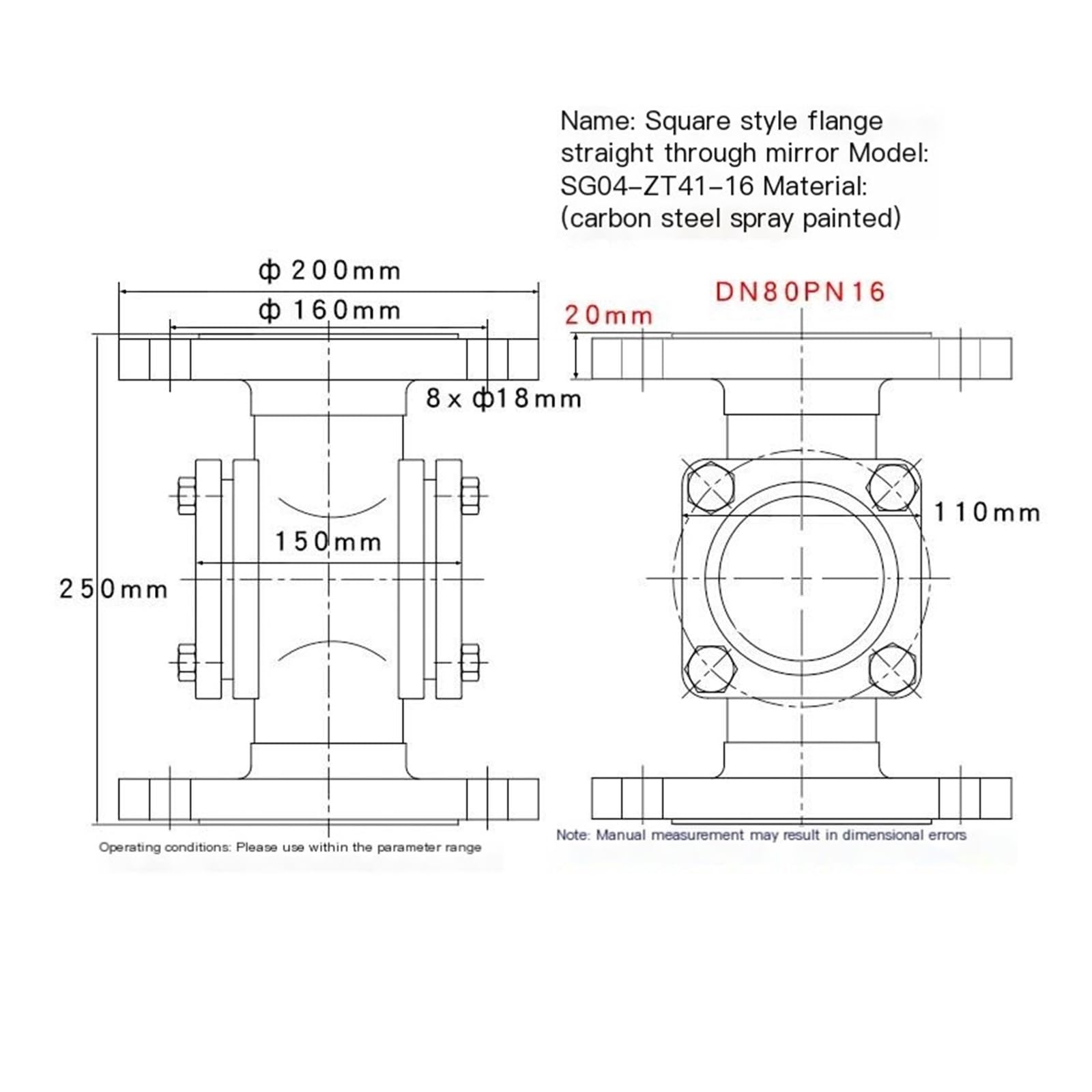 KACOME SG04-ZT41F Stainless Steel 304 Straight Through Flange Sight Glass Carbon Steel Glass Observation Window Water Flow Indicator DN50 ?????(DN80PN16)