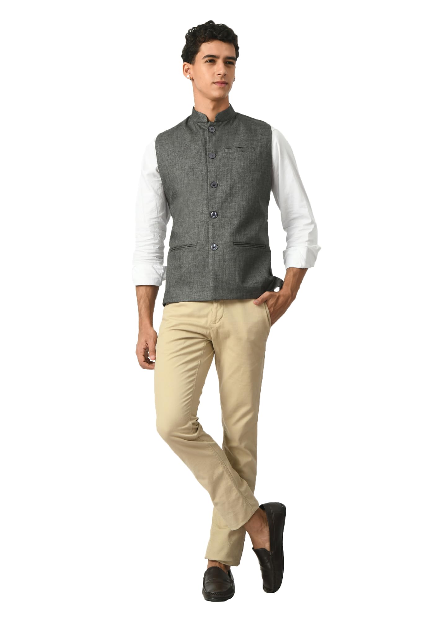Men Solid Cotton Blended Nehru Jacket/Modi Waistcoat (Grey,Single)