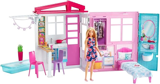 Barbie Doll and Dollhouse, Portable One-Story Playset with Pool