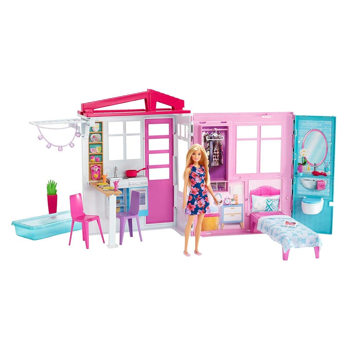 Barbie - Casa amueblada pleglable con Cocina, Piscina, Dormitorio y Lavabo con muñeca Rubia (Mattel FXG55), Embalaje estándar