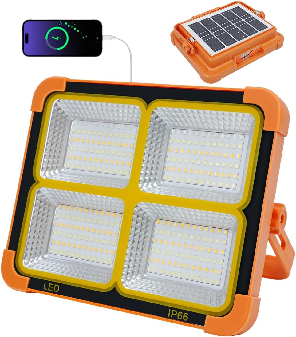 120W Solar Rechargeable Work Light, 144 LED 10000LM Portable Flood Light with Stand, IP66 Waterproof, 4 Modes LED Job Site Lighting for Mechanic Camping Car Repair